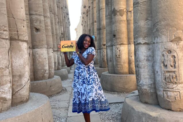 A tourist stands among the massive, towering sandstone columns of the Great Hypostyle Hall at Karnak Temple, covered in deep hieroglyphic carvings.